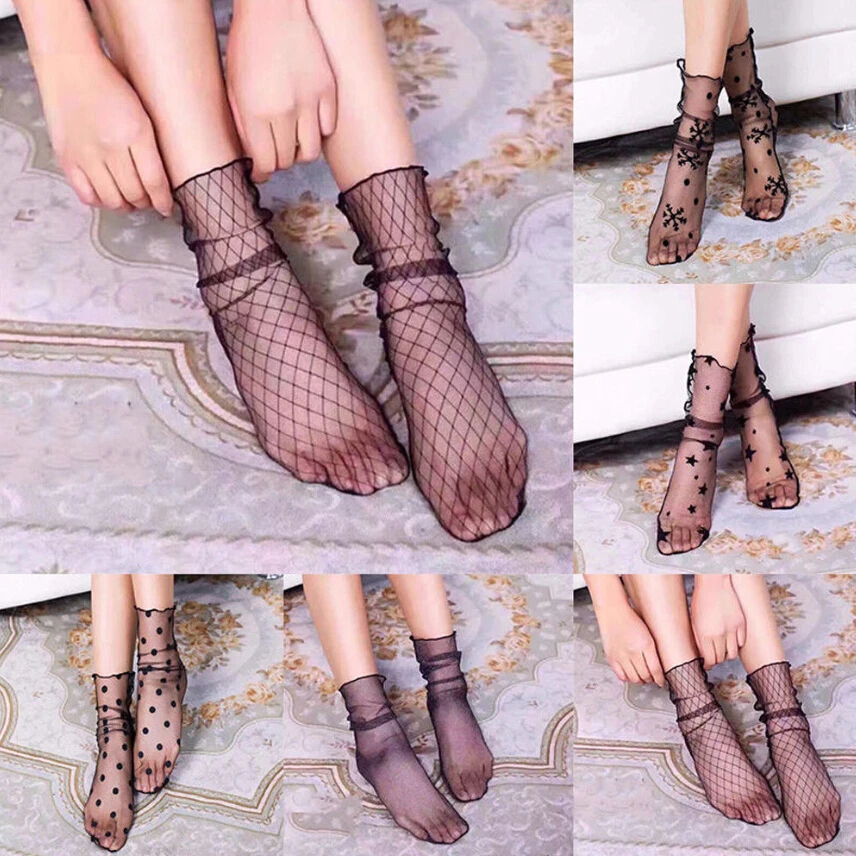 NEW Arrivals Women Lace Ruffle Black Ankle Socks Elastic Ultrathin Sheer Short Mesh Socks
