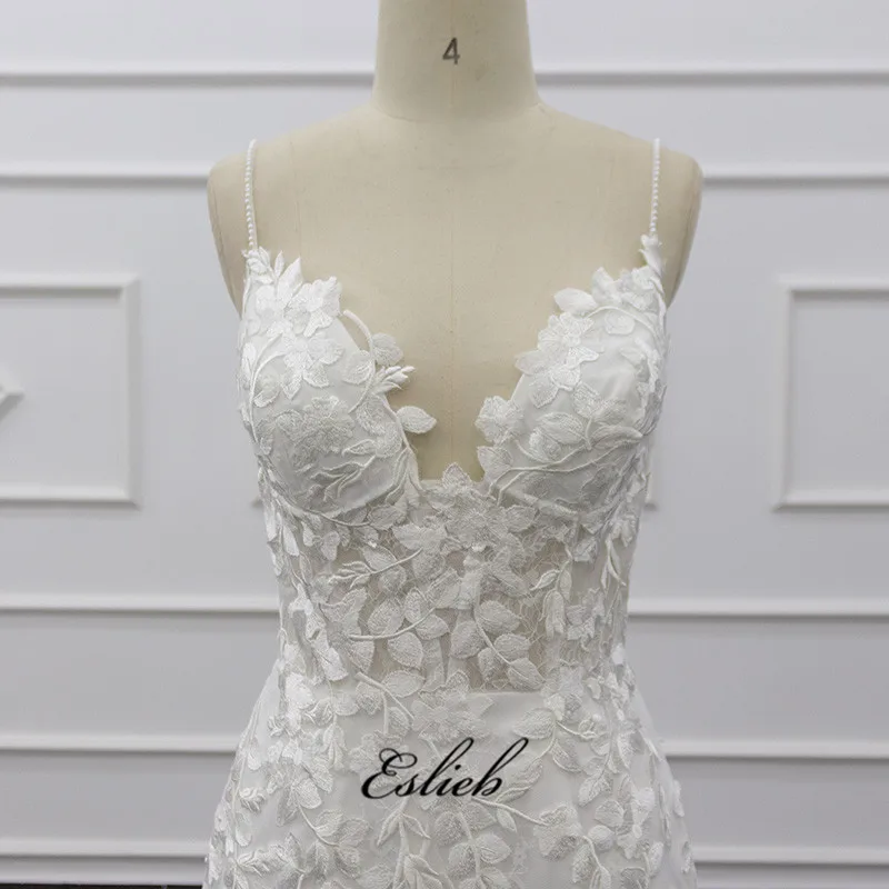 Eslieb 2019 Sexy Spaghetti Straps Trumpet ivory Wedding Dress Mermaid