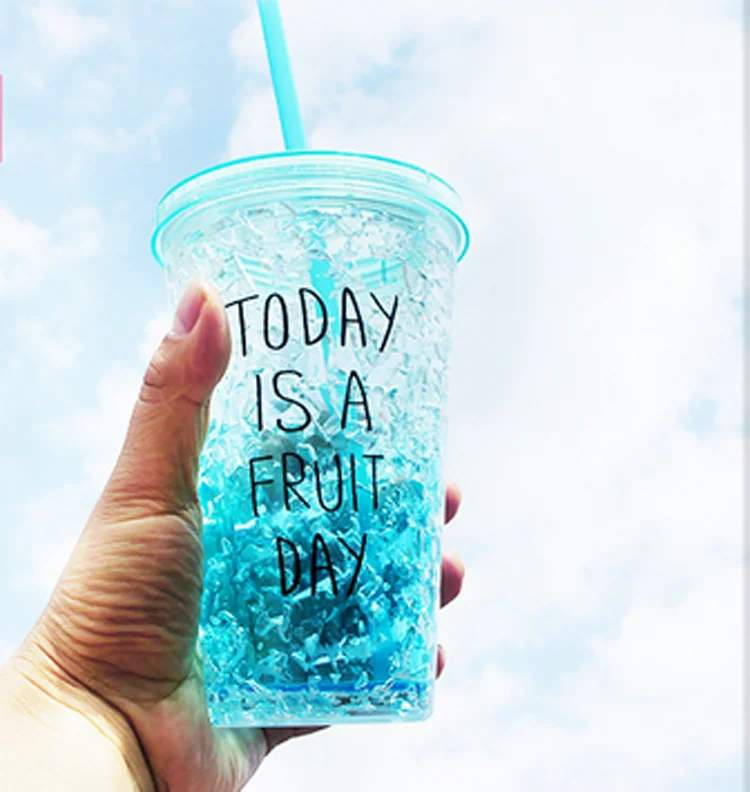 16oz Double Wall Mugs Gel Frosty Freezer Bottle Drinkware Beverages Ice Cold Plastic Tumbler Cup With Lid And Straws