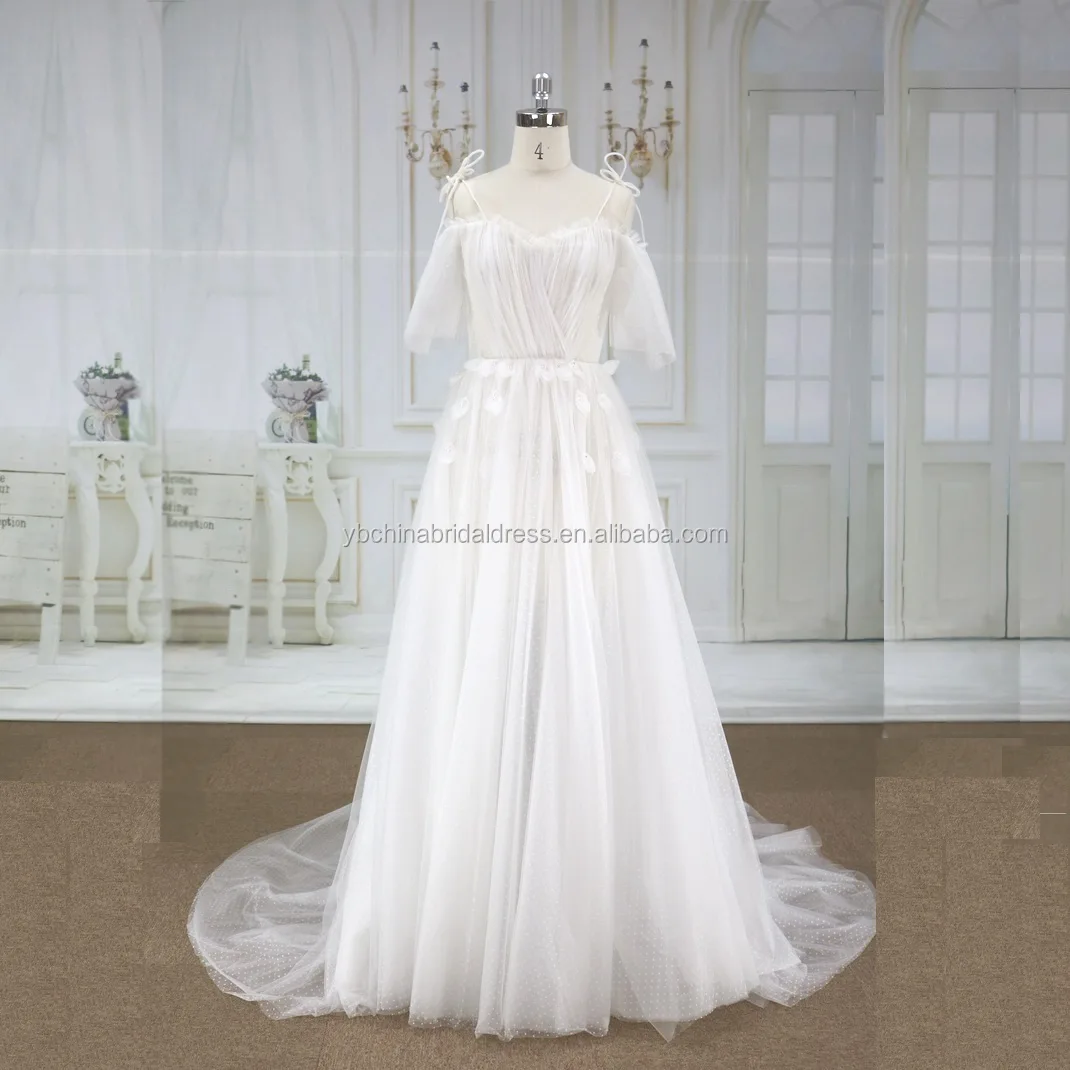 Hand made flower with two straps  Wedding dress princess A line dress