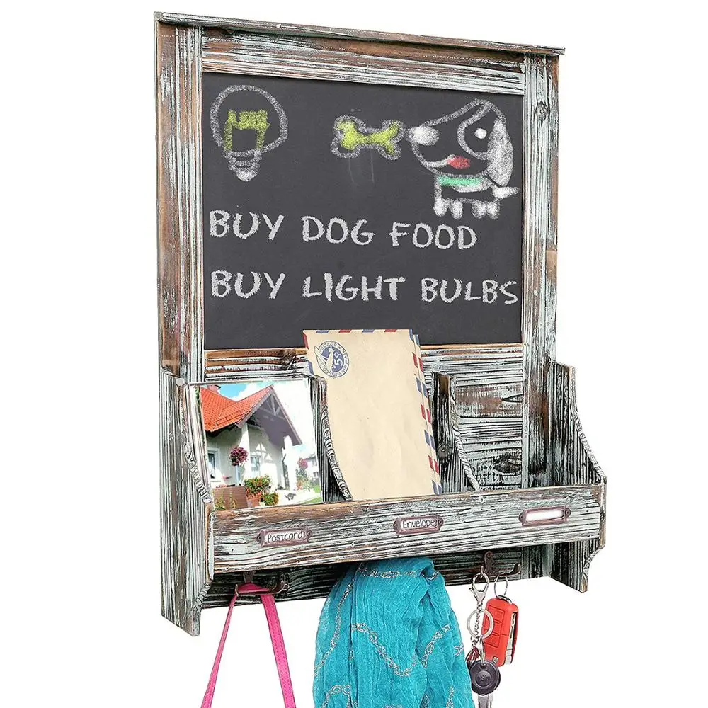 Rustic Dark Brown Wood Wall Mounted Mail Sorter Key Hook Organizer Rack with Chalkboard