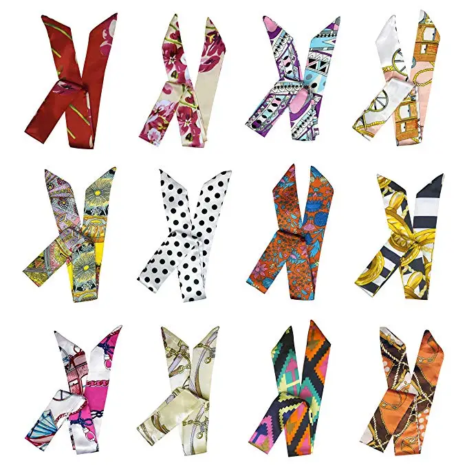 Lady 100% Polyester White Silk Scarf Tie Handle Bag Scarf Ribbon Scarf