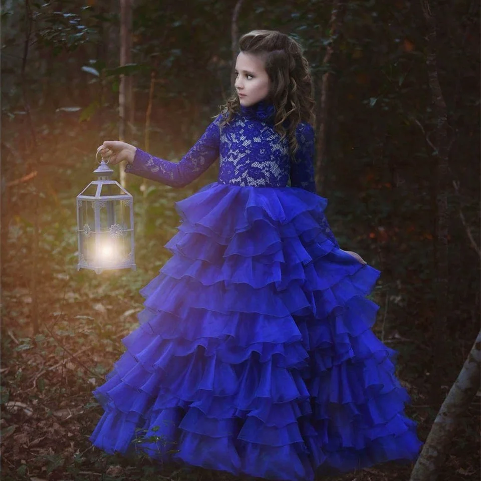 Royal Blue Muslim Long Sleeve Lace Puffy Little Queen Flower Girl Dress