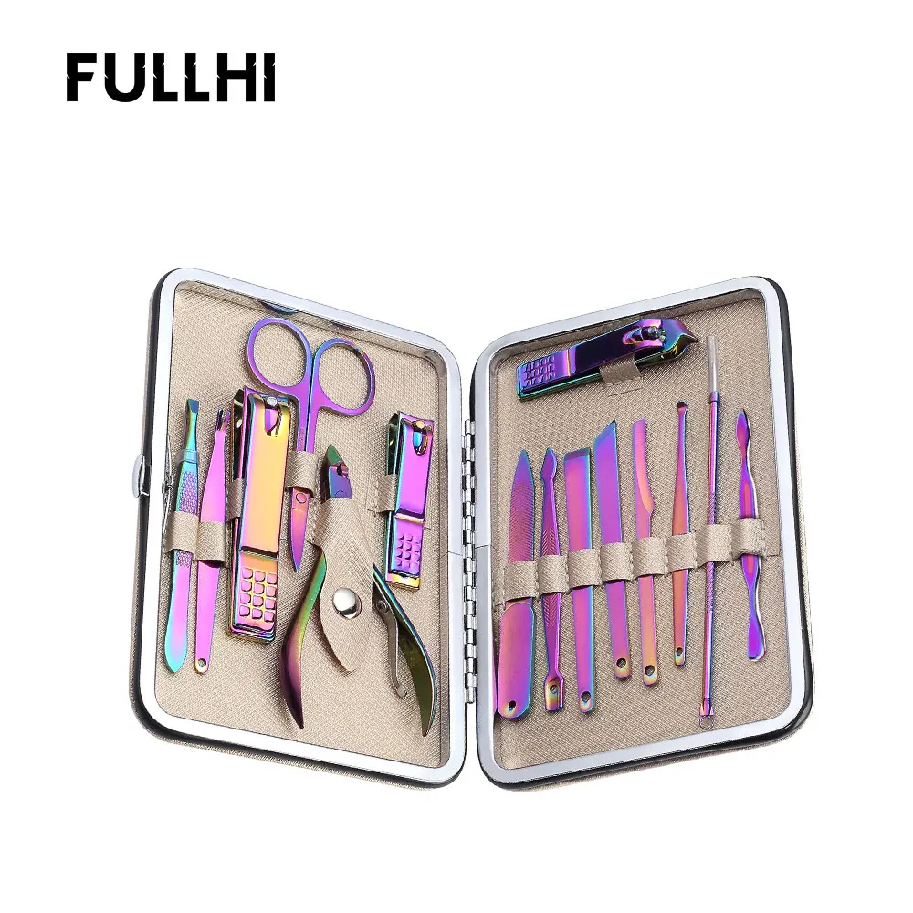 FULLHI Nail Clipper File Cuticle Nipper Nail Art Tool Face Cleaning Care 15 PCS/Set Rainbow Manicure Set with Luxury Travel Case