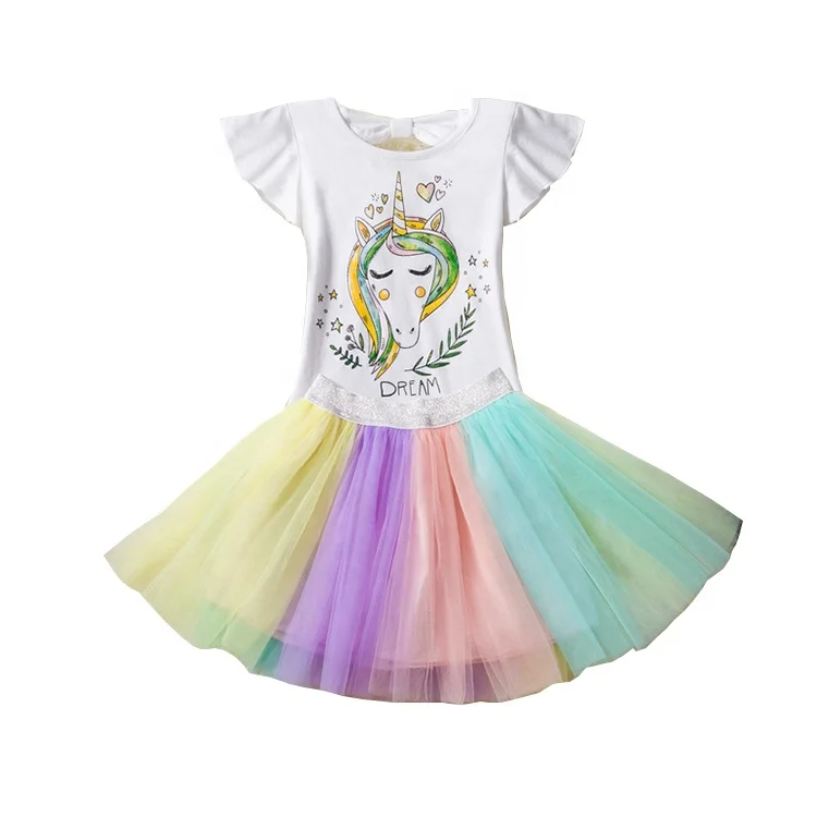 2019 платье-пачка с рисунком единорога и радуги для маленьких девочек, комплект одежды