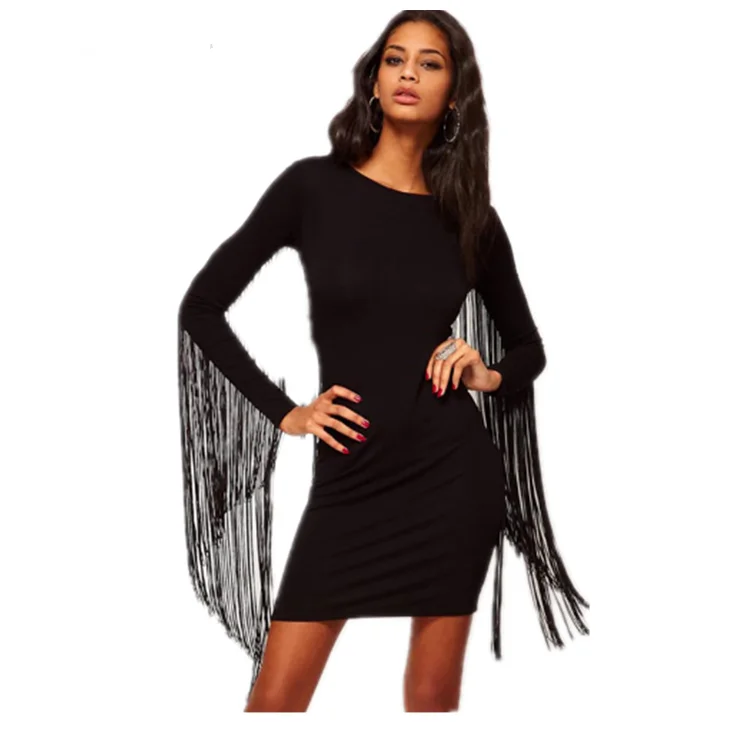 
Wholesale Summer Long Sleeves With Long Tassel Black Women Slim Fit Bodycon Dress 