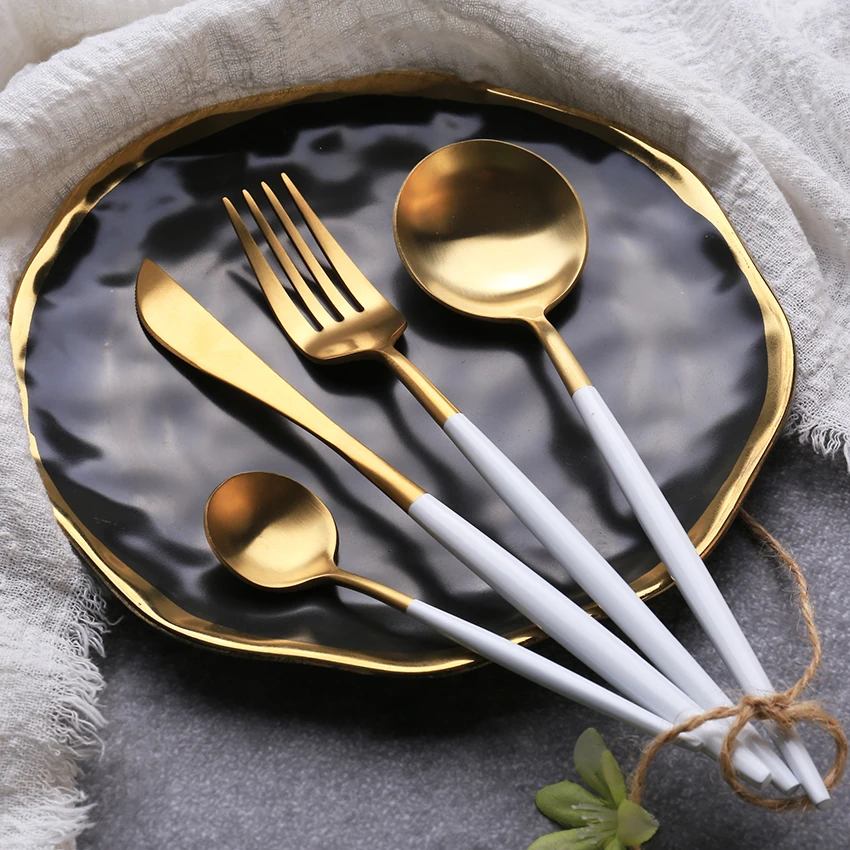 
High quality 304 stainless steel salad serving fork white gold flatware 