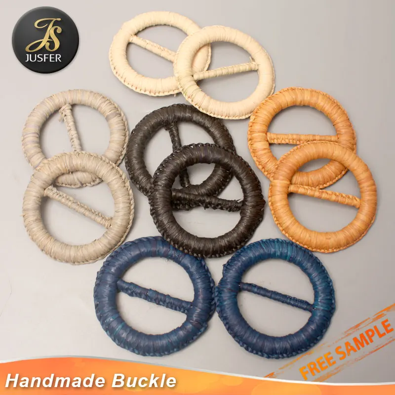 New Design round metal hand weaving belt buckle with raffia