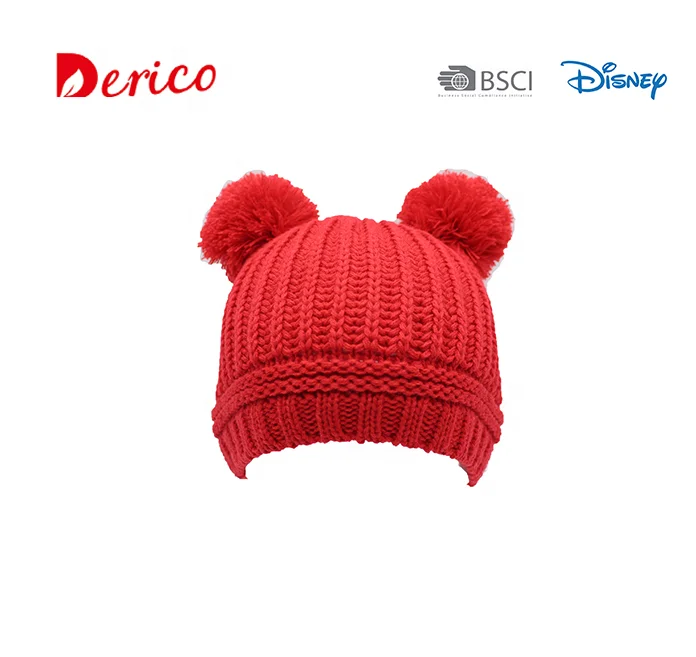 Fashion winter recycled fabric knitted kids beanie with bear pompon cute hat