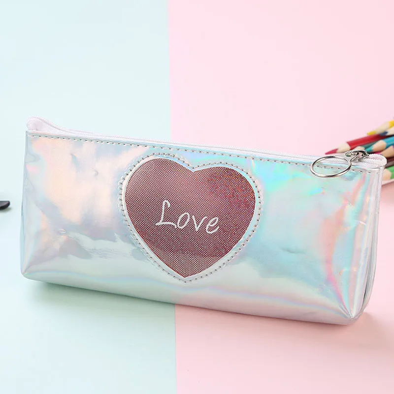 Рекламная Подарочная сумка из искусственной кожи с сердцем для девушек, вместительная косметичка, креативные школьные канцелярские принадлежности, пенал, лазерная ручка, сумка