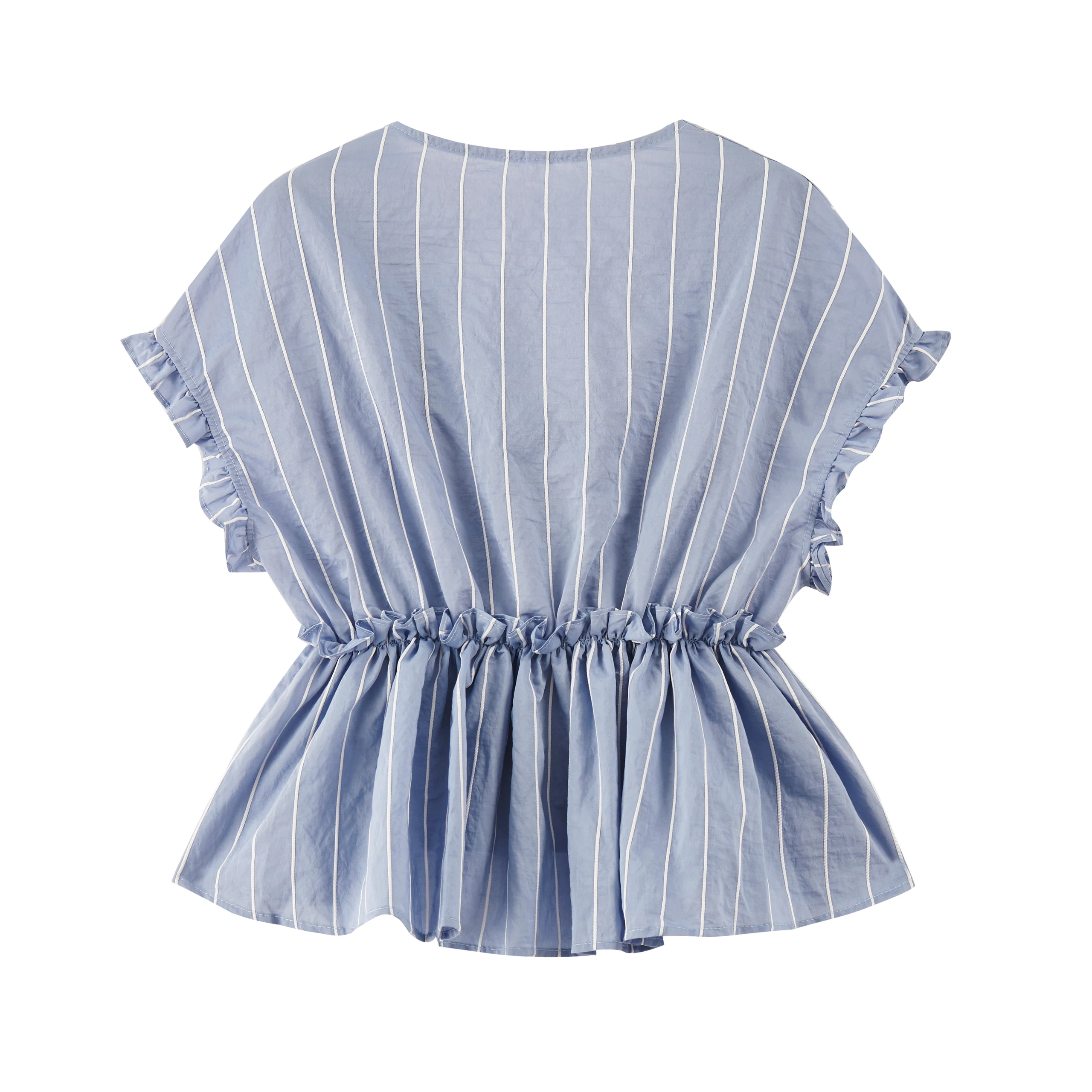 Different Design Custom Ruffled Collar One Shoulder Sky Blue Stripes Women Blouse
