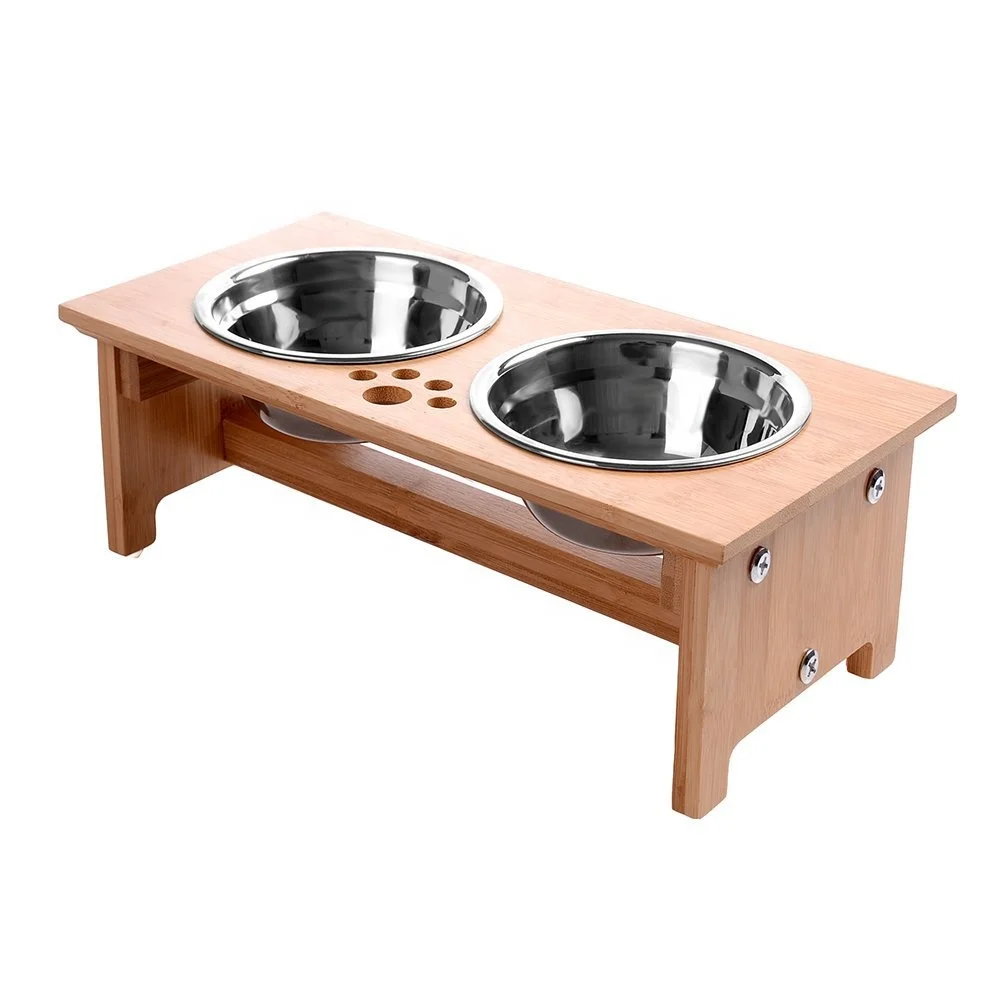 Bamboo Elevated Dog Cat Food and Water Bowls Stand Feeder with 2 Stainless Steel Bowls and Anti Slip Feet