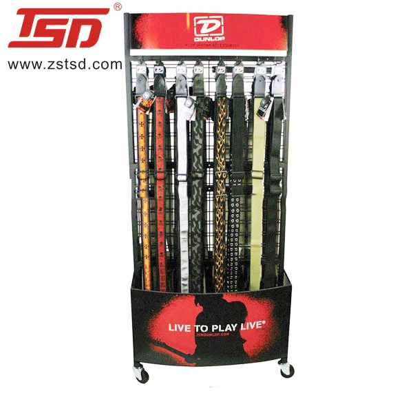 Custom retail music instrument store floor guitar strap metal wire display rack stand