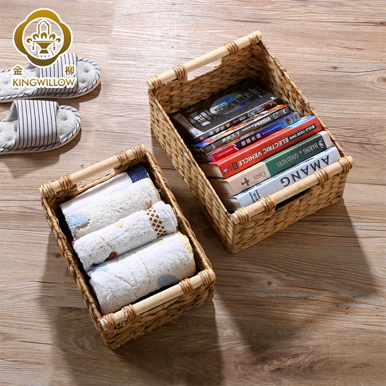 Hot selling  water hyacinth storage basket  bin basket with Wooden handles