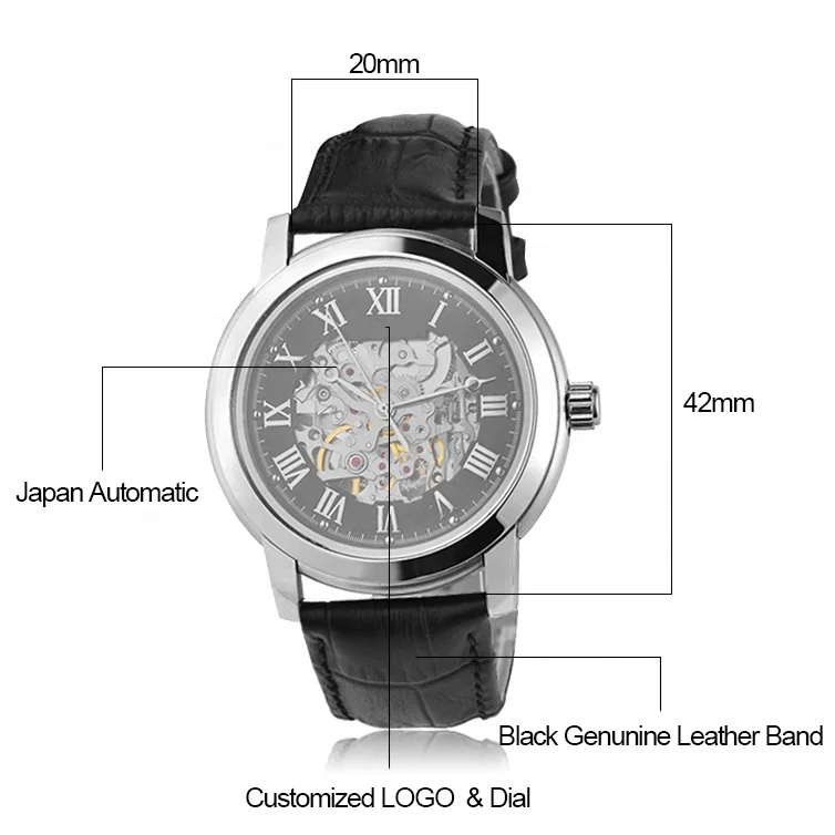 Luxury  Men Leather Watch Stainless Steel Skeleton Automatic Watch