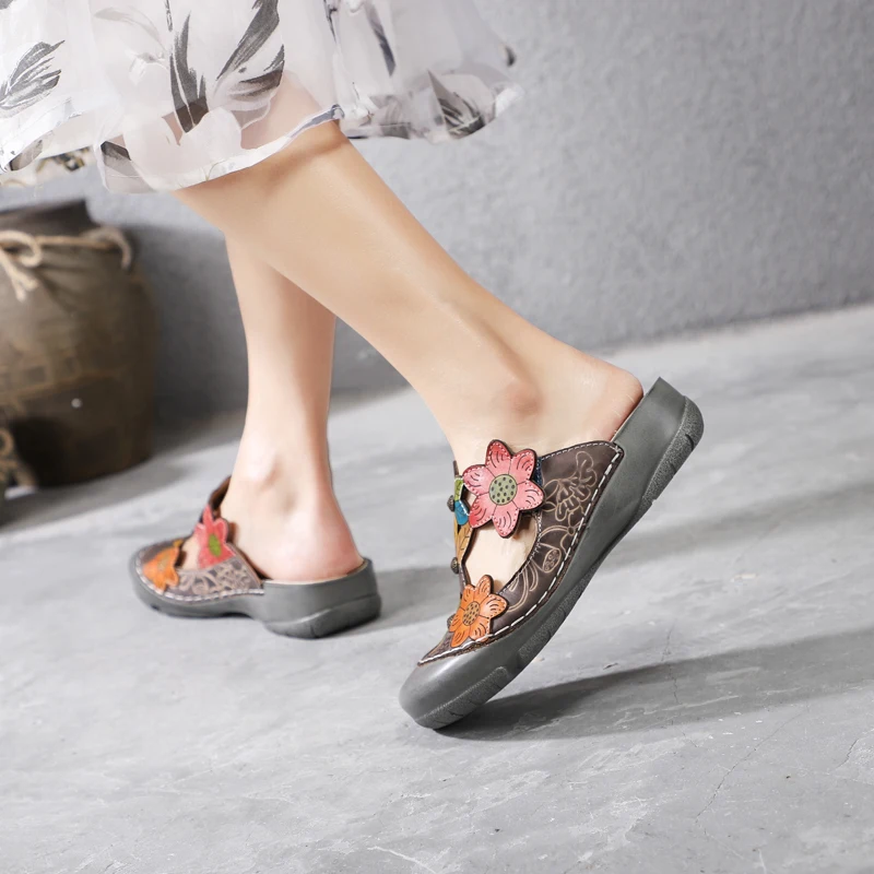 
Fashion floral flower pattern genuine leather comfortable flat casual shoes slipper sandal for woman lady girl spring autumn 