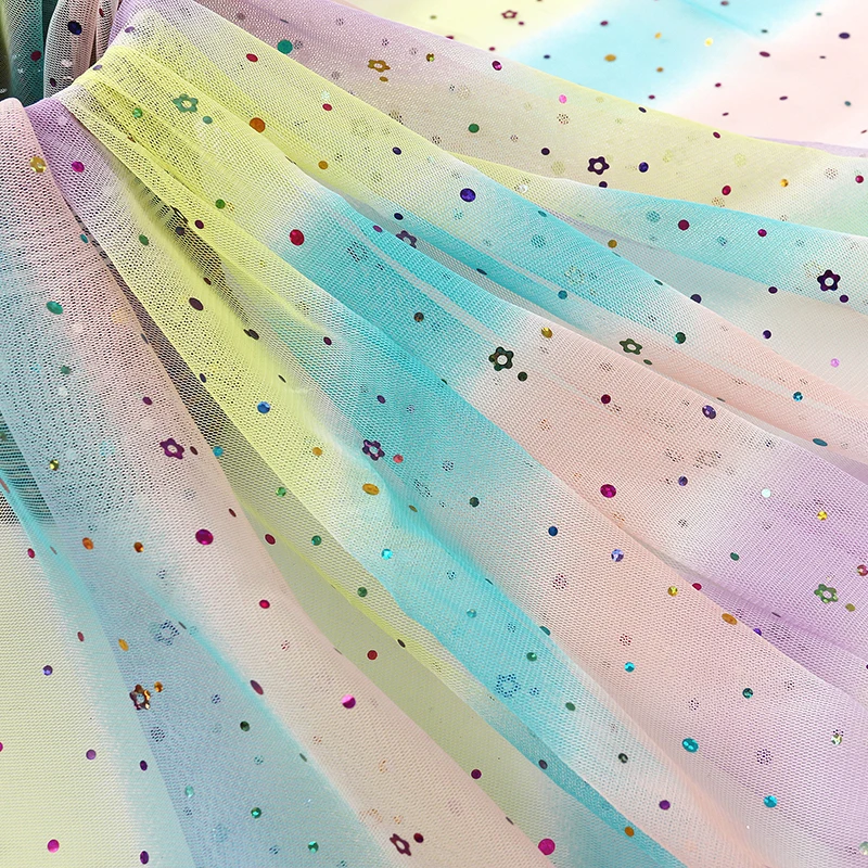 
Factory wholesale rainbow striped small flower sequins clothing mesh fabric for children 