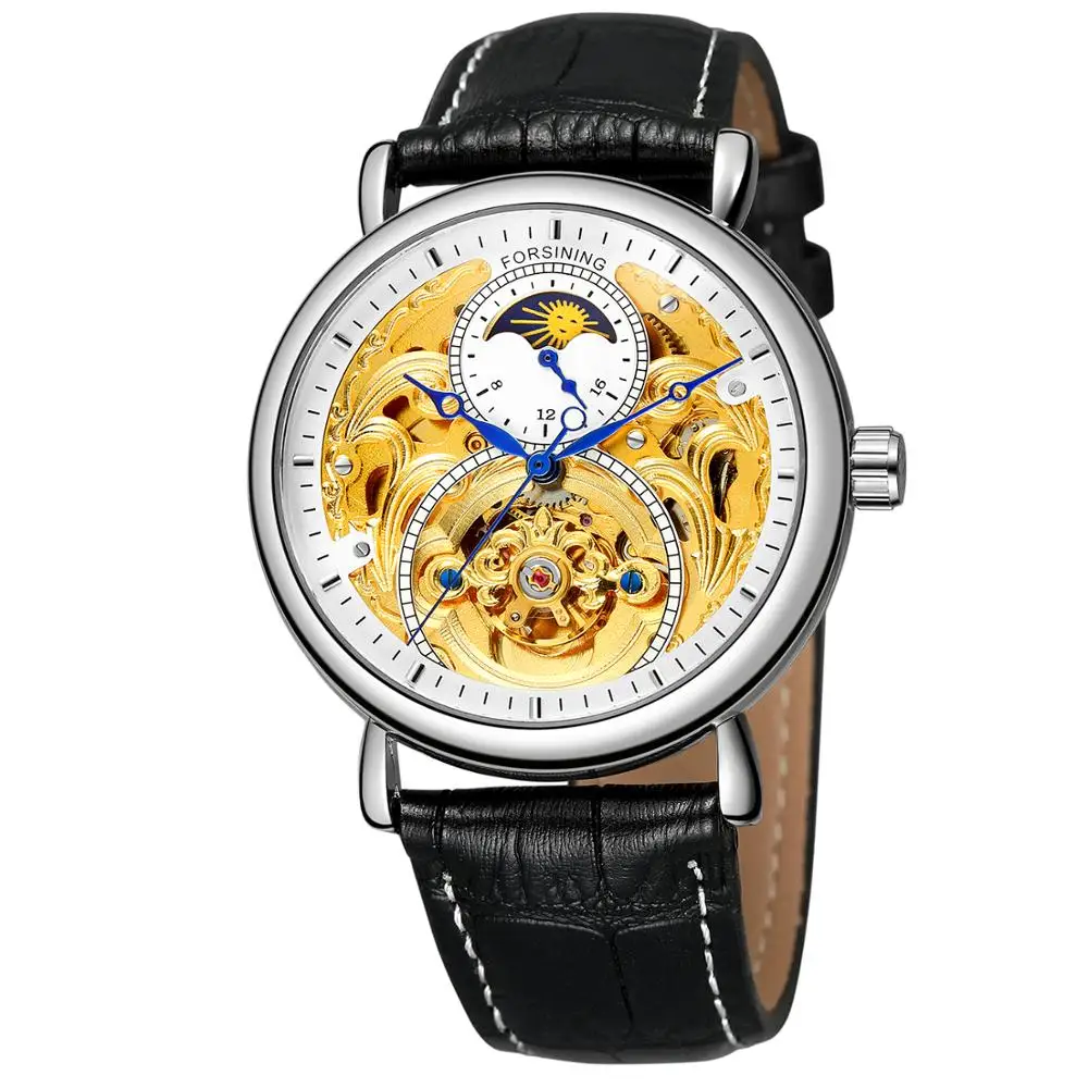 Forsining, китайский производитель часов, частная торговая марка, часы MoonPhase, кожа, Роскошные, Лидер продаж, автоматические механические мужские наручные часы