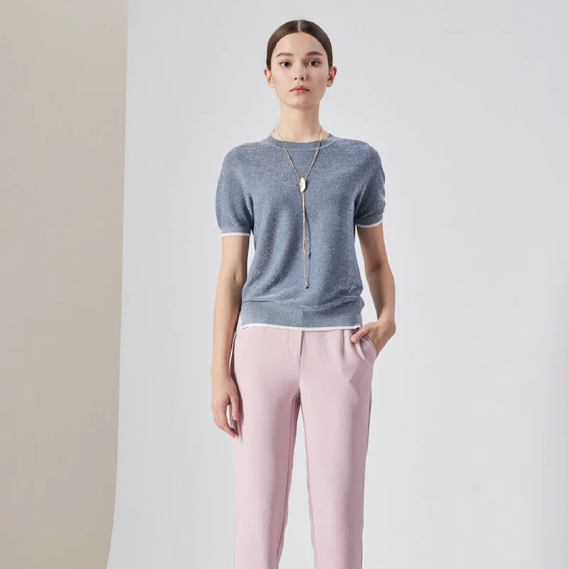 Spring Summer Custom Women Shaker Knit Design Short Sleeve Sweater