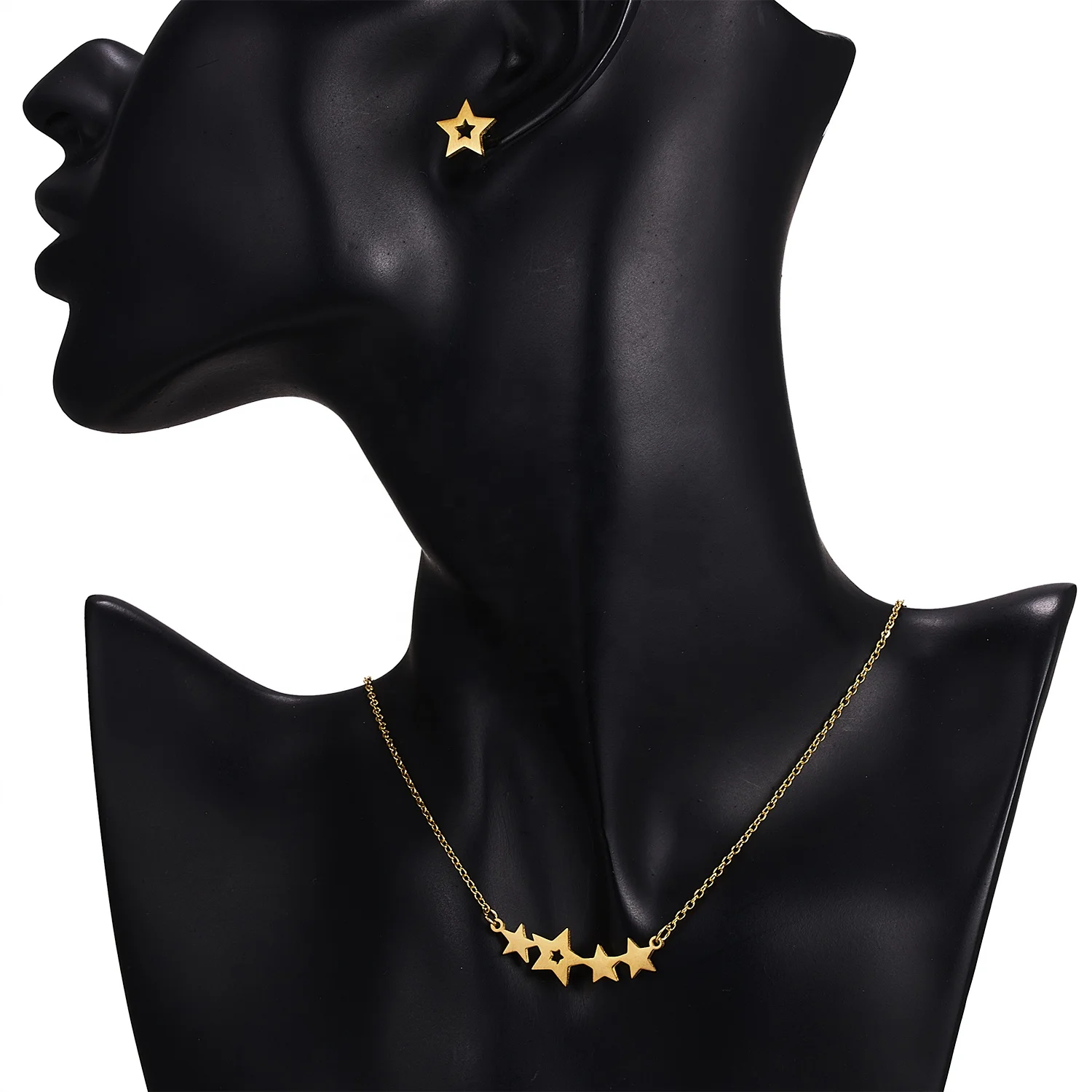 
Charm Gold Plated Stainless Steel Star Heart Cat Pendant Necklace Earrings Jewelry Set For Women 
