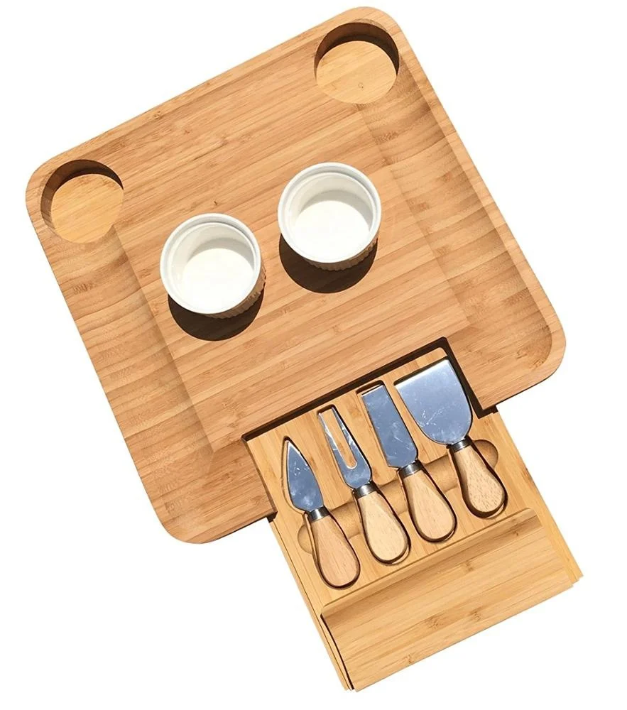 Cheese Board and Knife Set w/2 Bowl  Bamboo Charcuterie Platter & Serving Tray for Cheese,Wine, Crackers, Brie and Meat