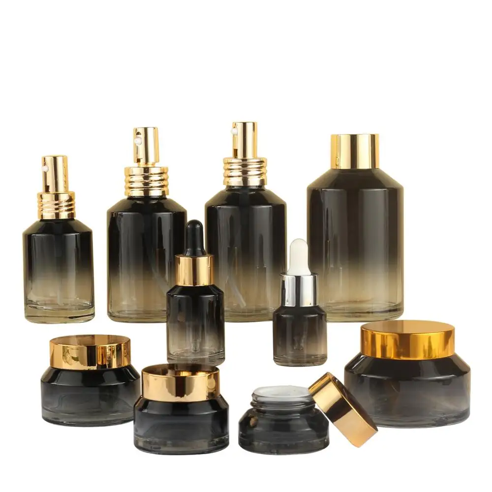 Full Set 50 Ml Black Gradient Lotion Serum Cream Bottle Pump Cosmetic Packing Glass 120Ml