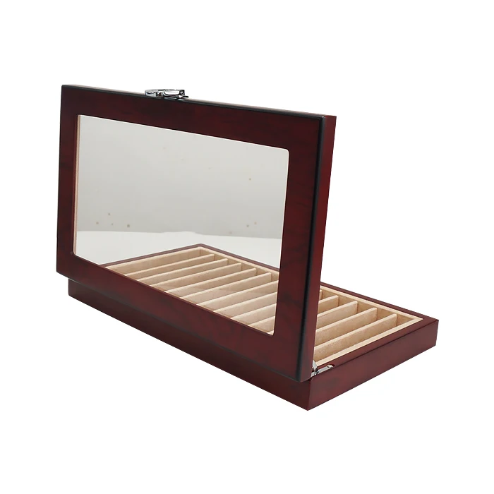 High end woodgrained wooden pen case suede interior ballpoint pen packaging wooden box for cigarette storage with acrylic window
