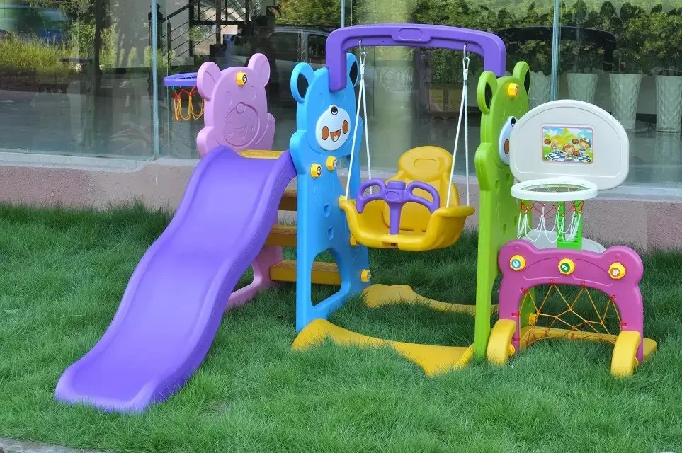 Wholesale China popular design Kindergarten playgrounds baby plastic slide with swing set 3 in1 for sale