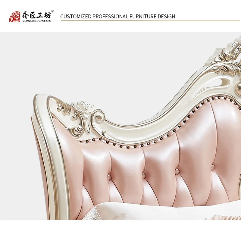 European furniture set bedroom bed solid wood carved upholstered bed