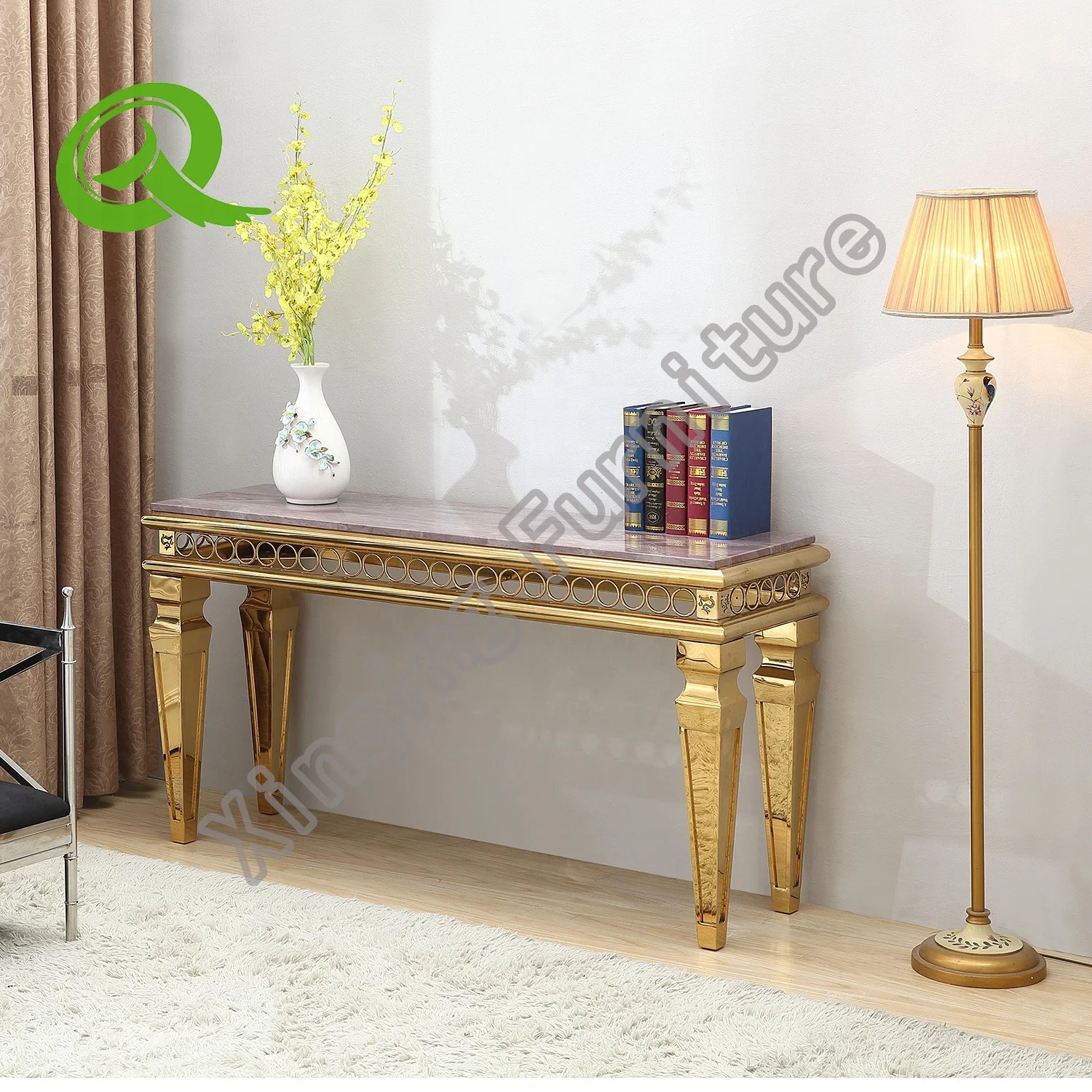 Luxury modern metal console table with glass top