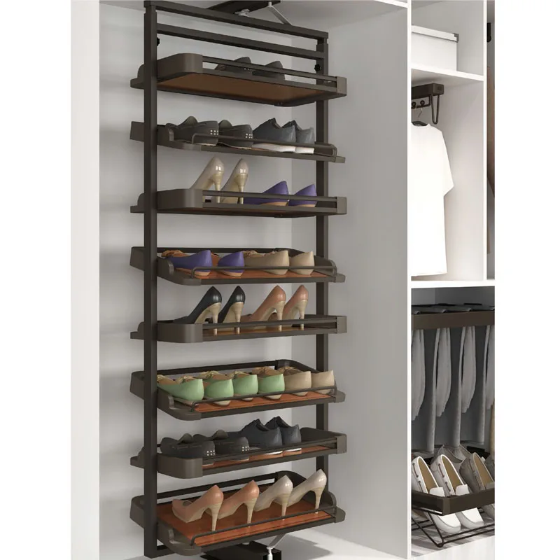 Bedroom closet pull out metal rotating shoe rack 360 degree rotating telescopic shoe rack