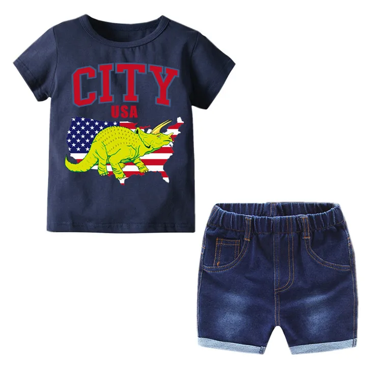 Boys 2pcs Dinosaur Summer T-shirt Denim Sherts Set,summer Skin-friendly Baby Clothes Set Spandex / Cotton 10businessday Formal