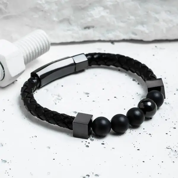 Black onyx lava stone with stainless steel clasp high quality mens leather Beaded bracelet bangle