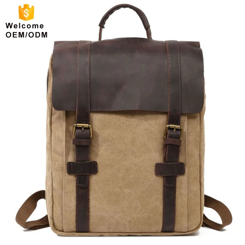 Waterproof retro vintage large capacity men business travelling real genuine leather bags mens bag waxed canvas backpack