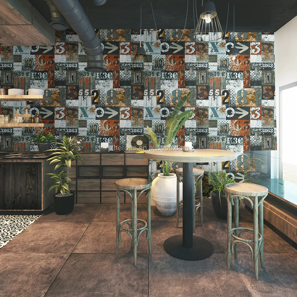 American Nostalgic Style Digital Alphabet Stitching Pattern Cafe Restaurant Decorative Wallpaper Vinyl