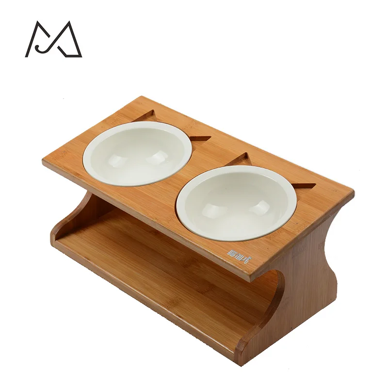 High Quality Bamboo Incline Cat Bowls With Two Ceramic Bowl Raised Cat Food Bowl