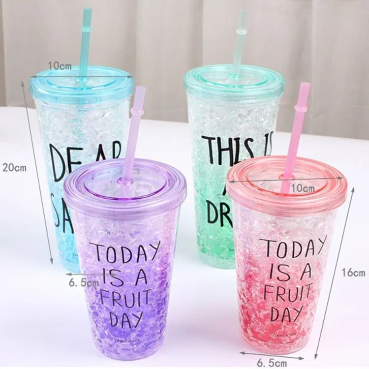 16oz Double Wall Mugs Gel Frosty Freezer Bottle Drinkware Beverages Ice Cold Plastic Tumbler Cup With Lid And Straws
