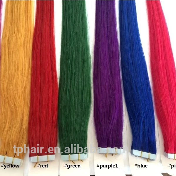 
Wholesale bone straight human hair 60cm 24inch Tape Skin Weft In human hair wigs Red Pink Green Purple Blue hair extension 