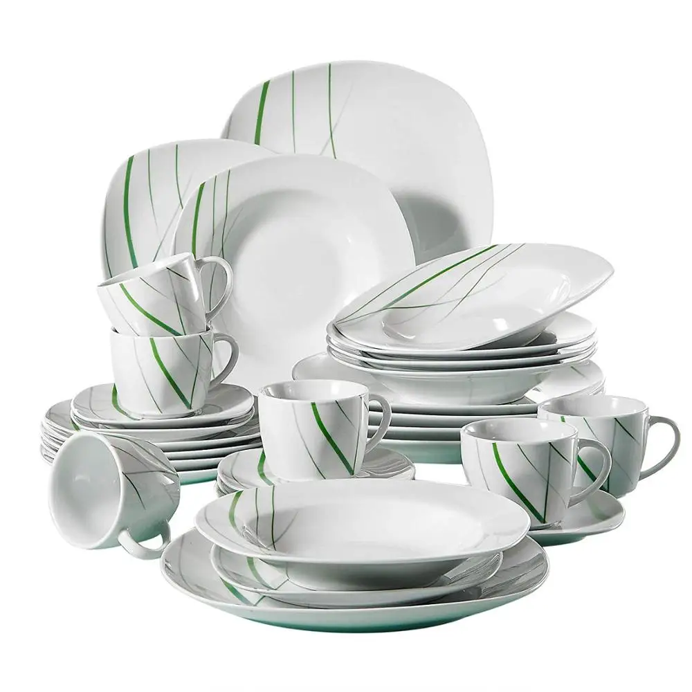 30-Piece Ceramic Dinnerware Set super White Plate Sets Green Stripe Patterns Kitchen Plates, Service for 6 Dinner & Salad Plate