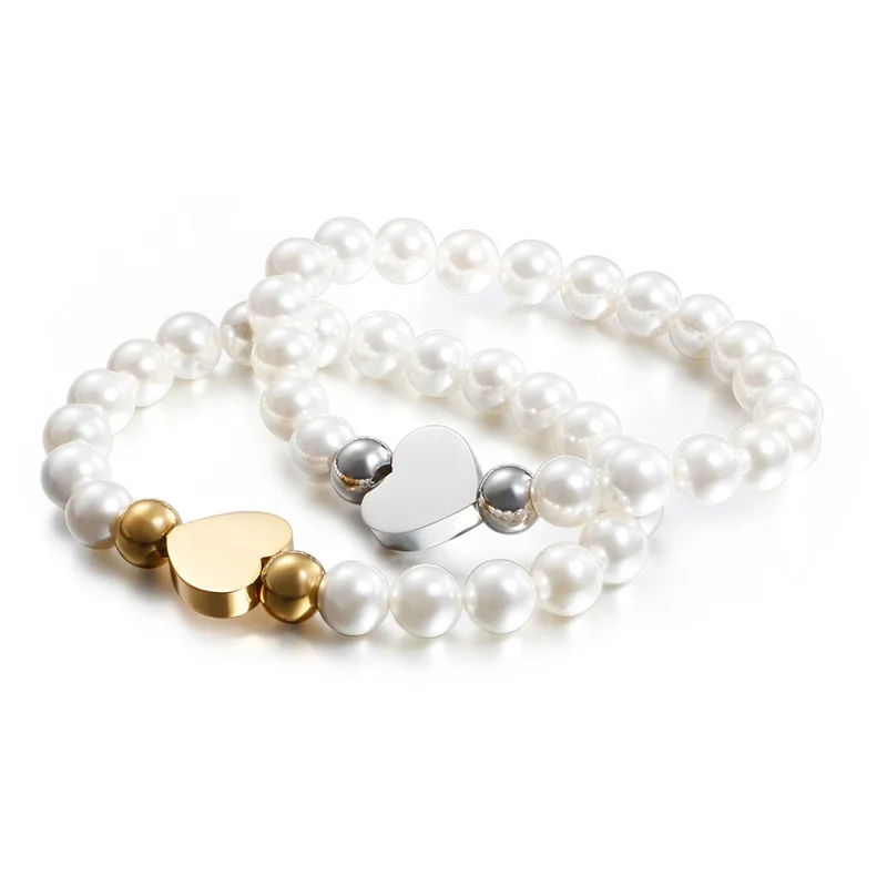 New Bulk Cheap Stainless Steel Gold Heart Charm Women Elastic 8mm Pearl Bracelet