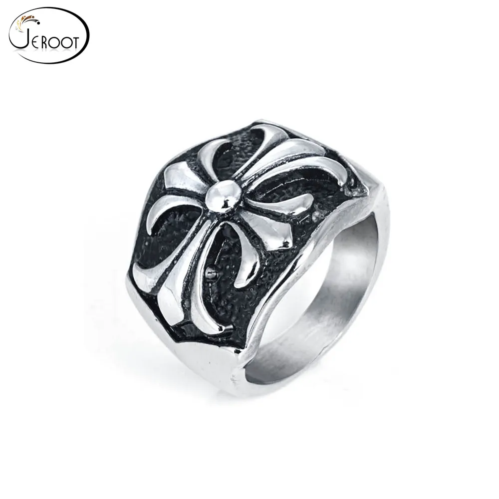Выгравированы артишок цветок Дизайн Винтаж мужской титан сталь крест кольцо в стиле панк; бижутерия