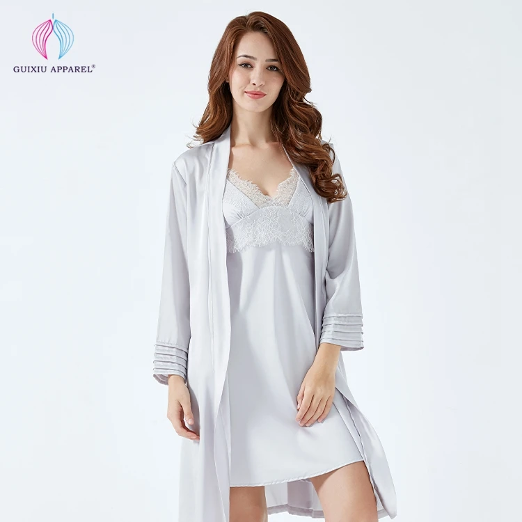 Ladies nightgown knee length satin silk robe women fashion satin nightgown