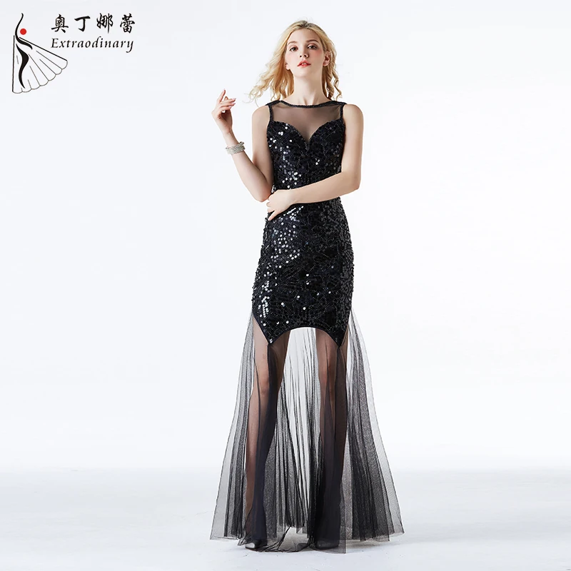 Women V neck Open Back  Sleeveless Beaded Wedding Party Dress Sexy Shiny Sequin Evening Dress
