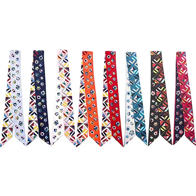 Lady 100% Polyester White Silk Scarf Tie Handle Bag Scarf Ribbon Scarf