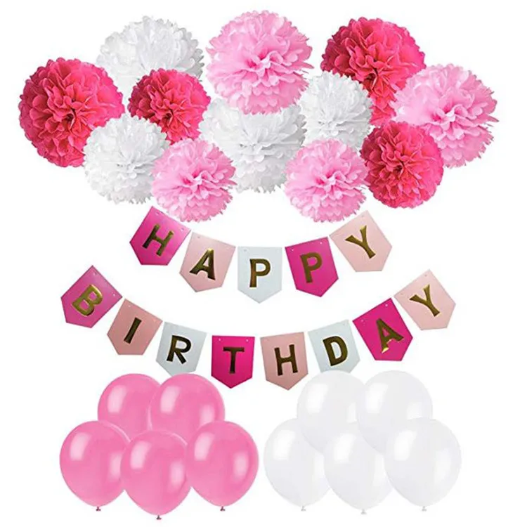 
Happy Birthday Flags Colorful Paper Pompom Balls Balloons Princess Birthday Party Kids Supplies Set 