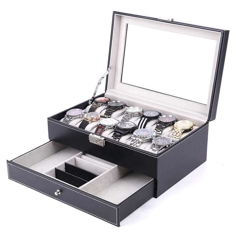 
New Design Custom Logo Luxury Leather 12 Slots Double Layer Jewelry Watch Box With Glass Winder 