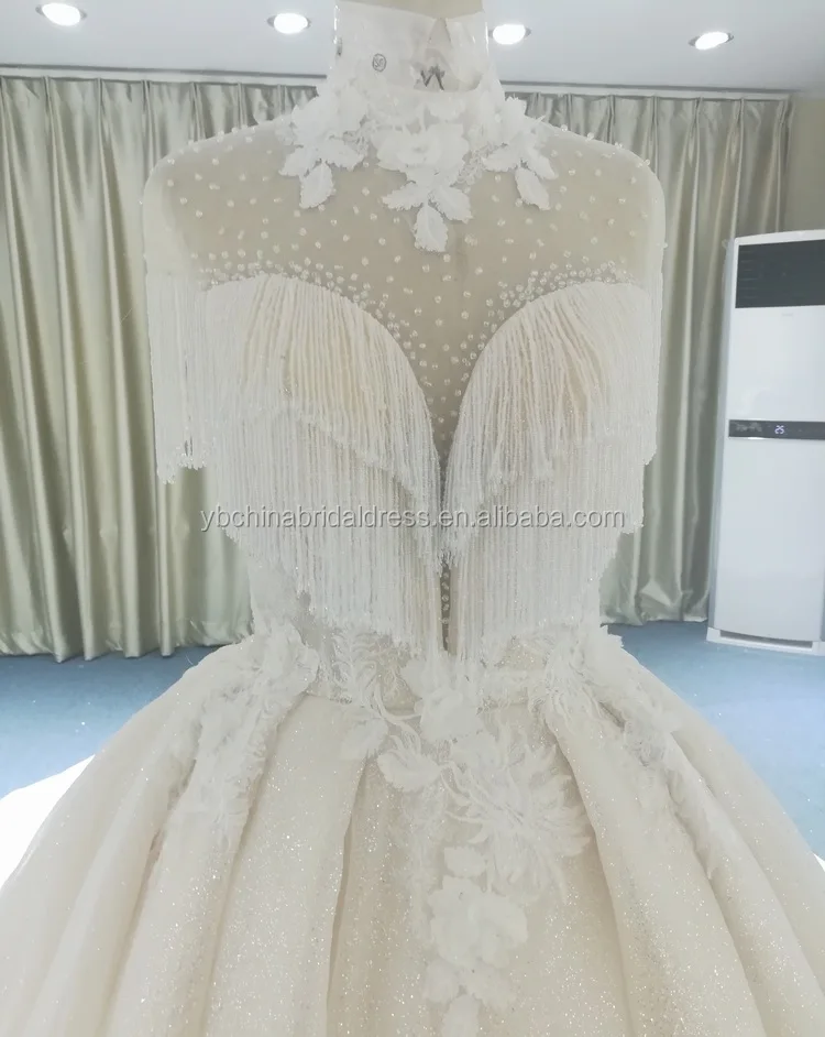 High collar and sweetheart open back with beading line Wedding dress 2019 crystal