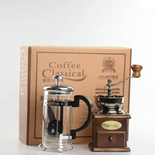 
Ecocoffee Coffee Press Packaging Gift Box one Glass Pot French Press + Coffee Manual Grinder for Family/Friends Gift 