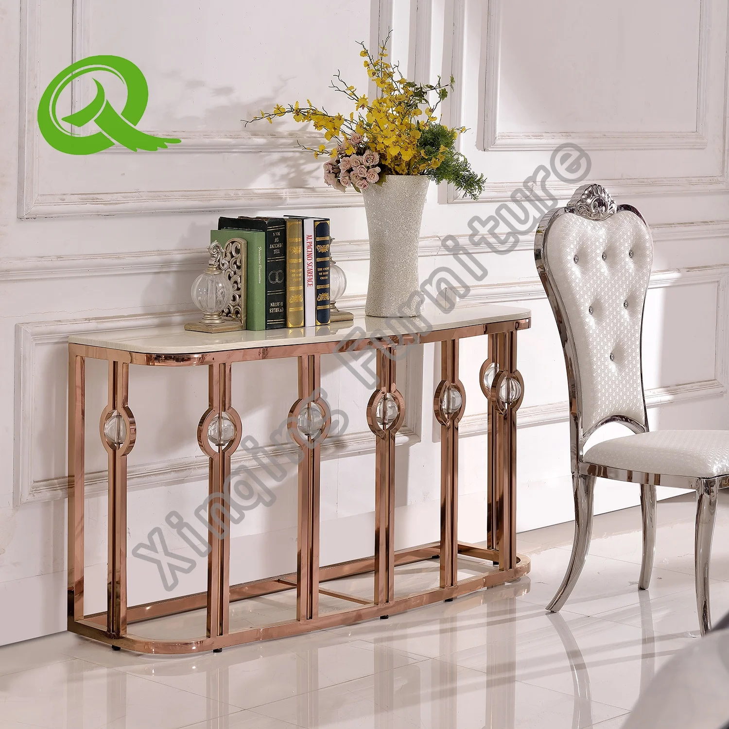 Luxury modern metal console table with glass top