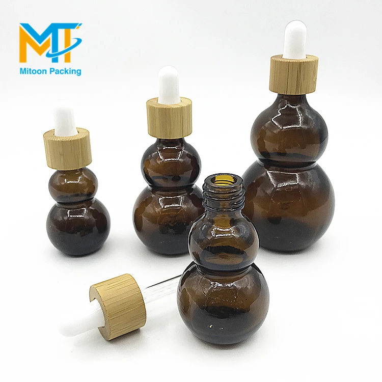 luxury unique design 10ml amber double gourd shape glass essential oil dropper bottle with bamboo lid